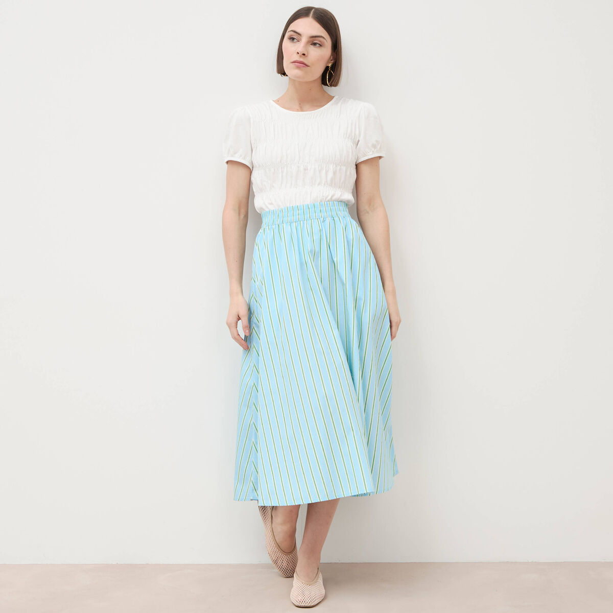 Jupe longue &eacute;vas&eacute;e en coton bleu ciel femme