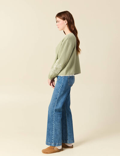 Cardigan droit court col rond brod&eacute; vert kaki femme