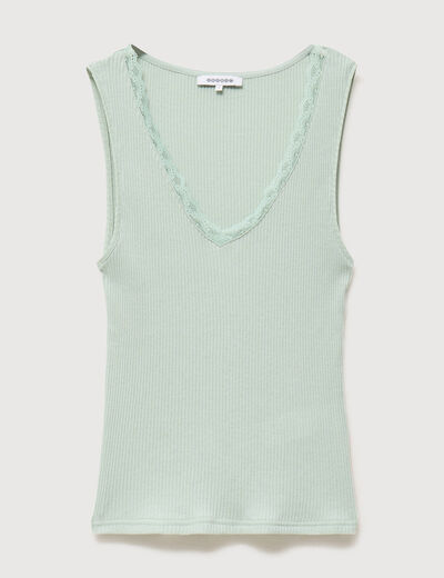 D&eacute;bardeur col v bretelles dentelle vert pastel femme