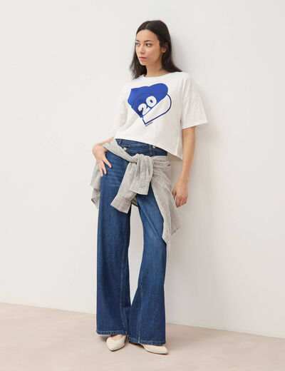 T-shirt droit cropped manches coude ecru femme