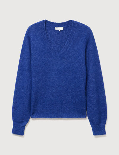 Pull droit col v manches longues bleu electrique femme