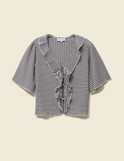 T-shirt col V &agrave; volants manches courtes ecru femme