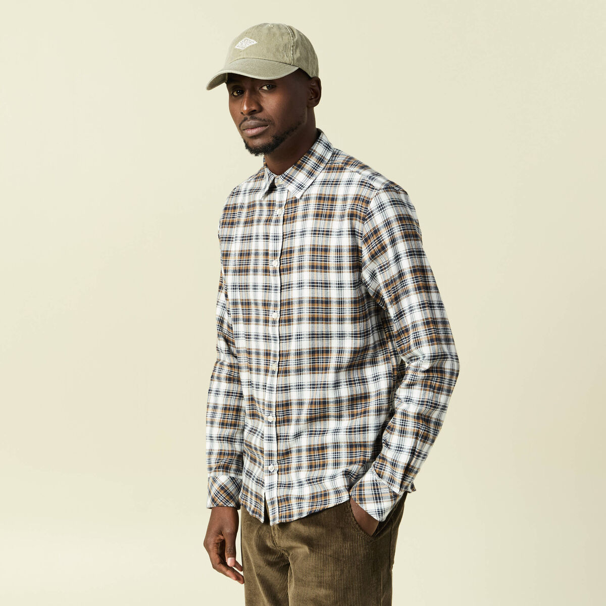 Chemise manches longues en coton vert kaki homme