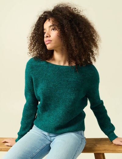 Pull r&eacute;versible manches longues col rond vert femme