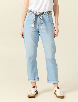 Jeans boyfriend ceinturé denim bleach femme