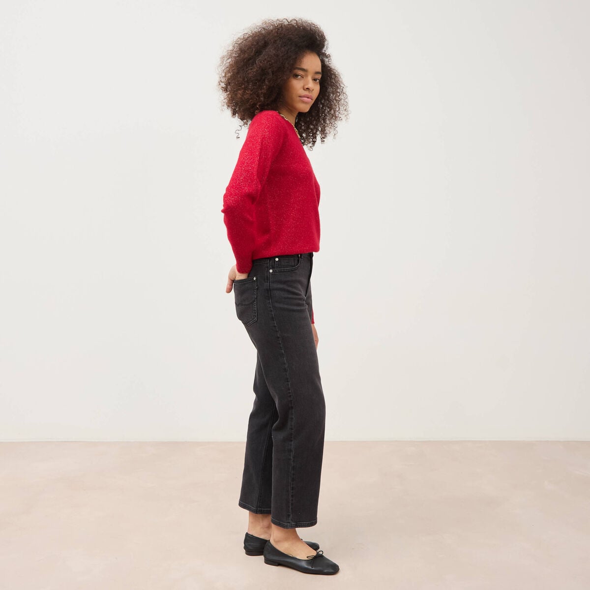 Jeans straight 7/8&egrave;me taille haute denim noir femme