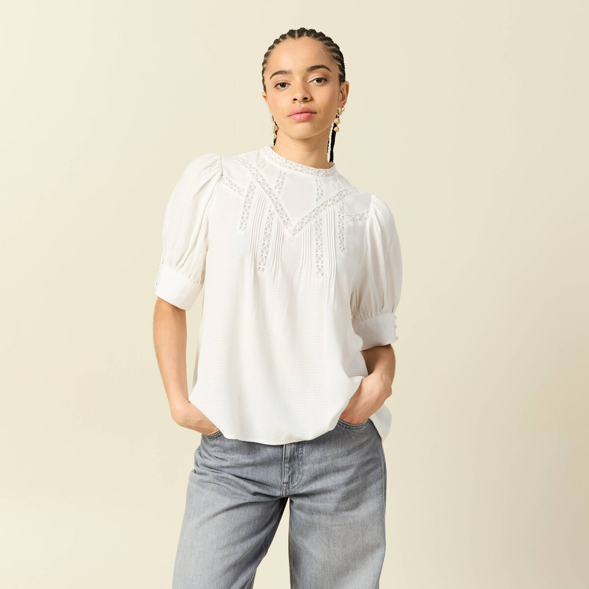 Blouse manches courtes col rond ecru femme