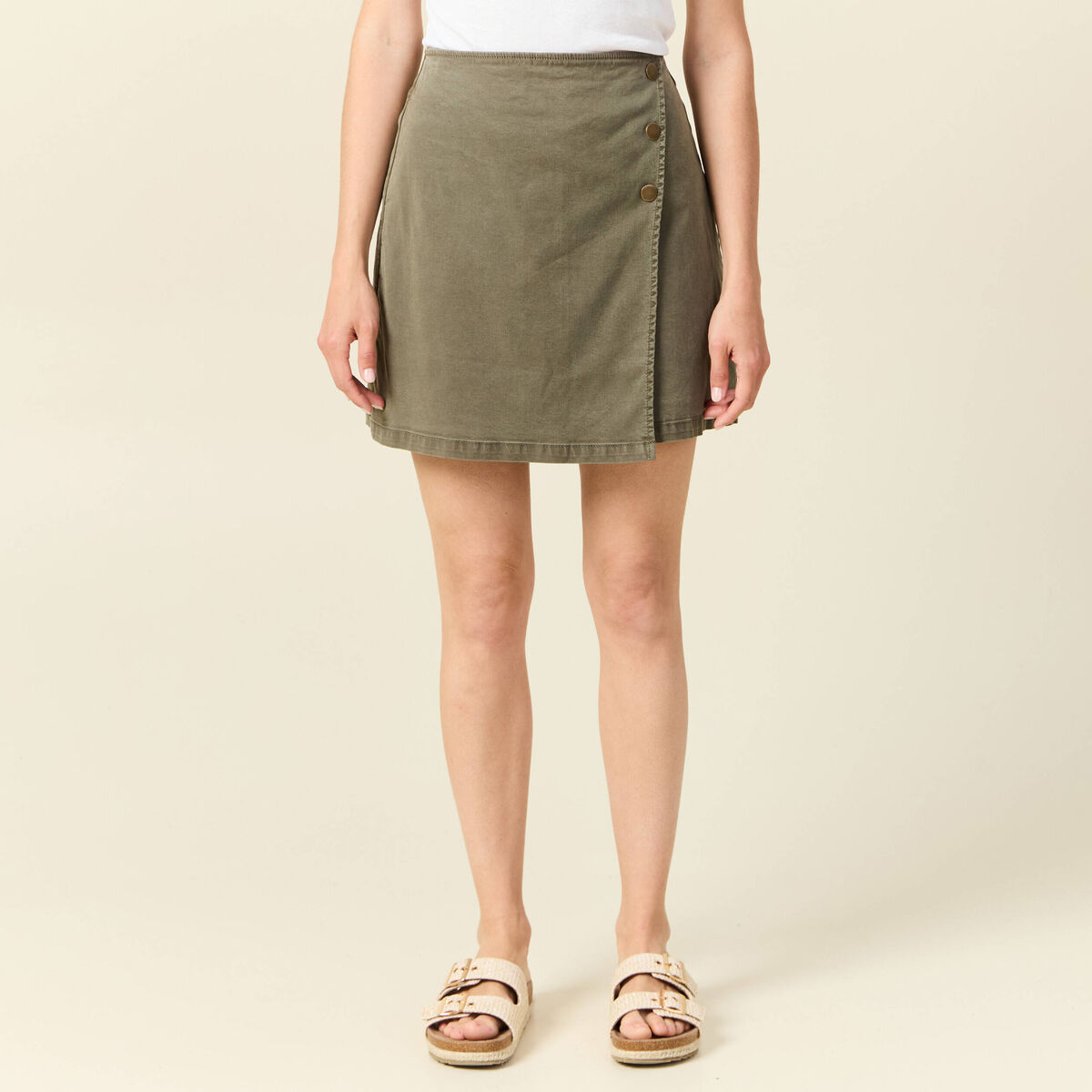 Jupe chino trap&egrave;ze vert kaki femme