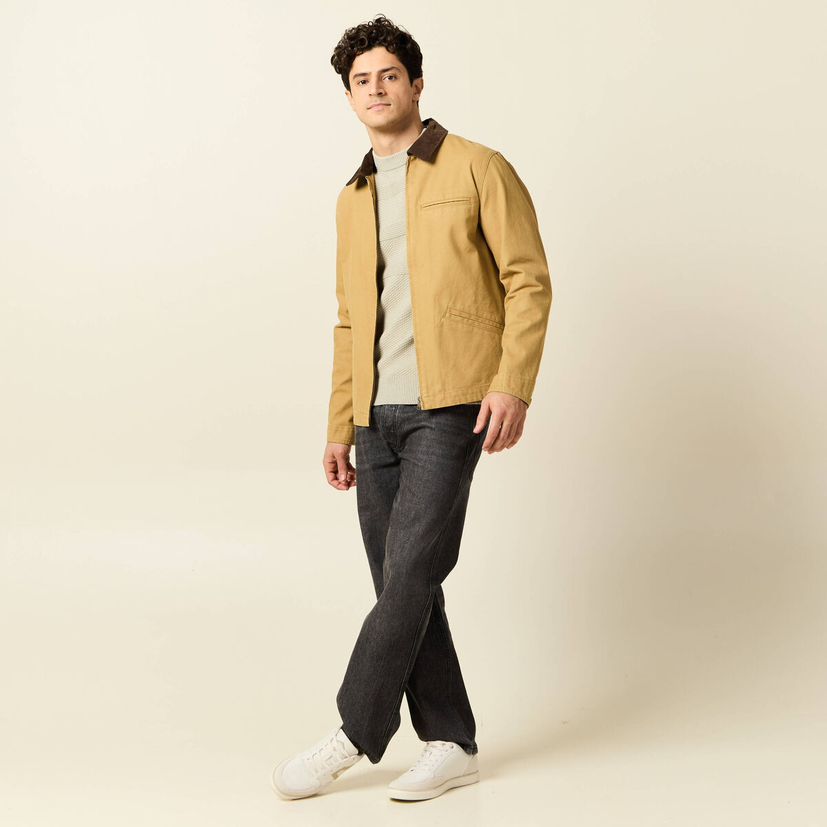 Veste zipp&eacute;e col velours camel homme