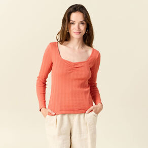 T-shirt manches longues orange corail femme