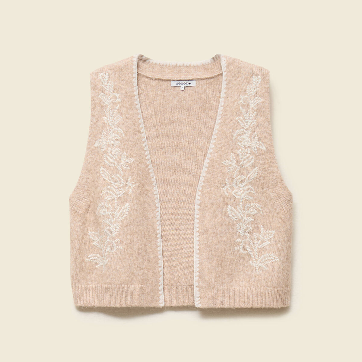 Gilet sans manches col v brod&eacute; creme femme