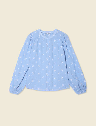 Blouse manches longues brodée bleu ciel femme