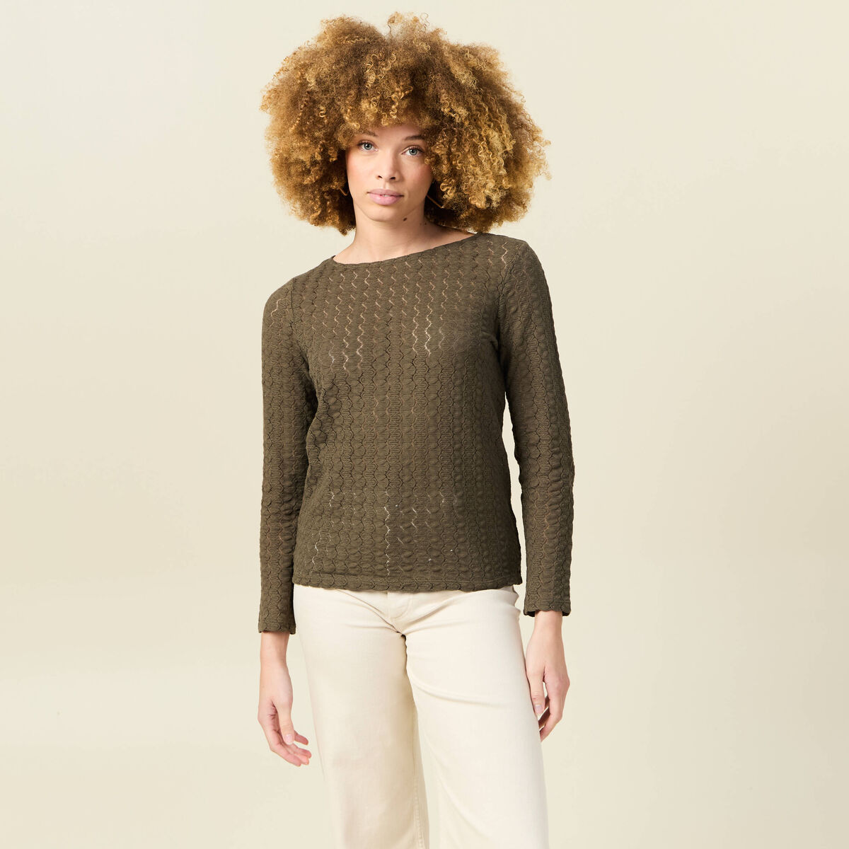 T-shirt manches longues ajouré vert kaki femme