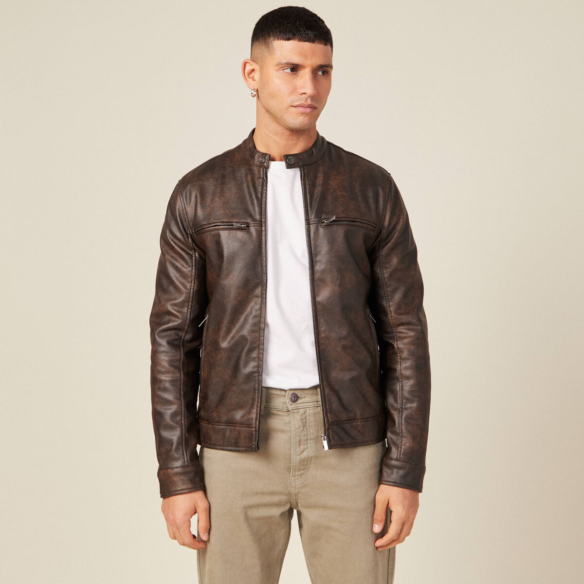 Blouson simili cuir vert kaki homme