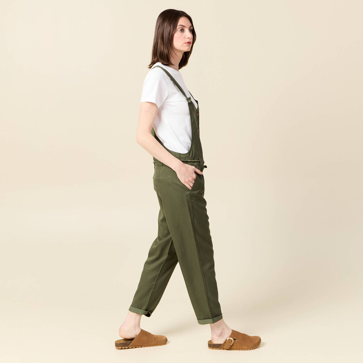 Salopette fluide boutonn&eacute;e vert fonc&eacute; femme