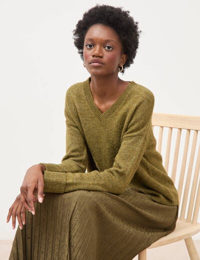 Pull droit col v manches longues vert kaki femme