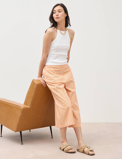 Pantalon large taille haute 3/4 en coton orange abricot femme
