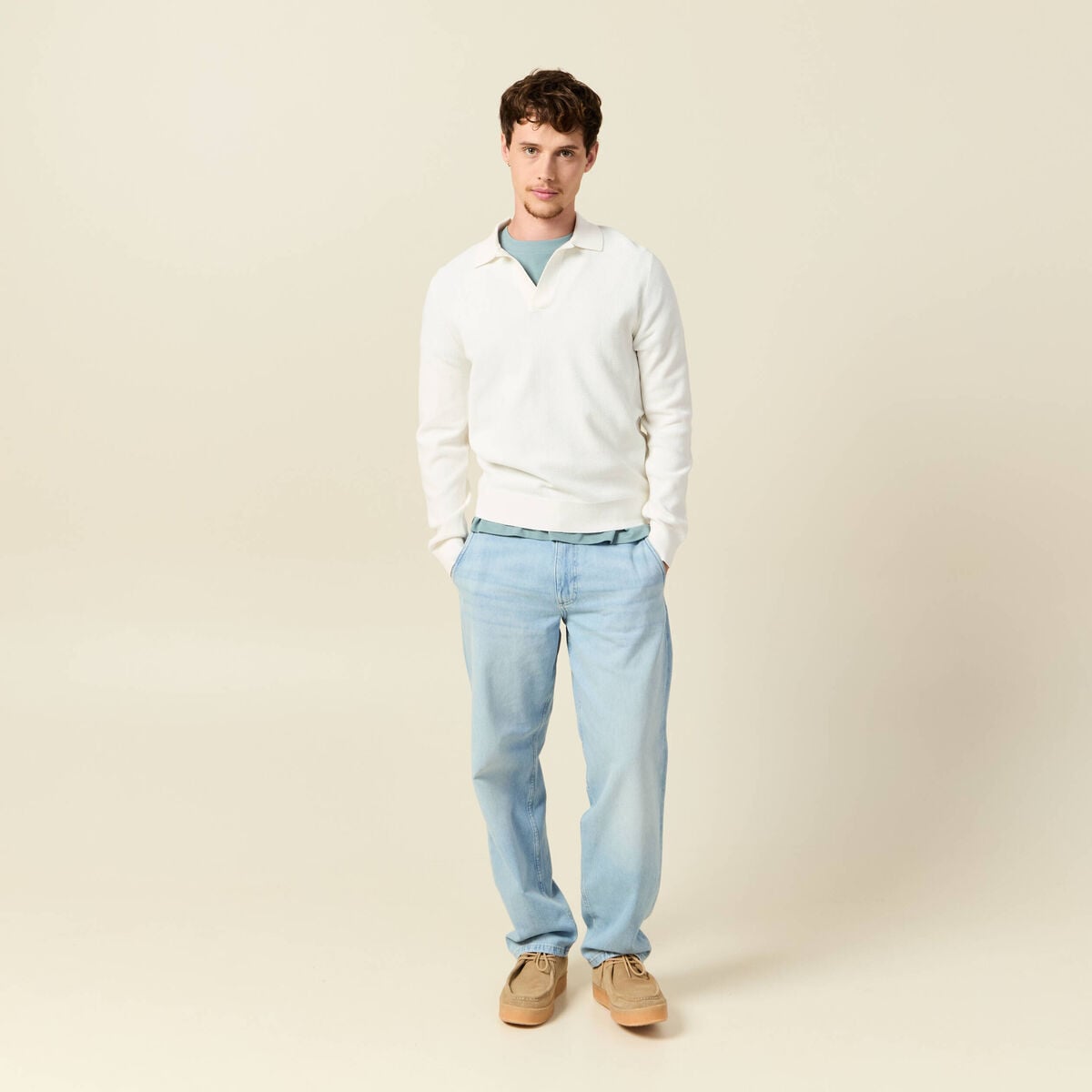 Pull droit col polo manches longues ecru homme