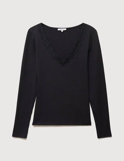 T-shirt cintr&eacute; col v dentelle noir femme