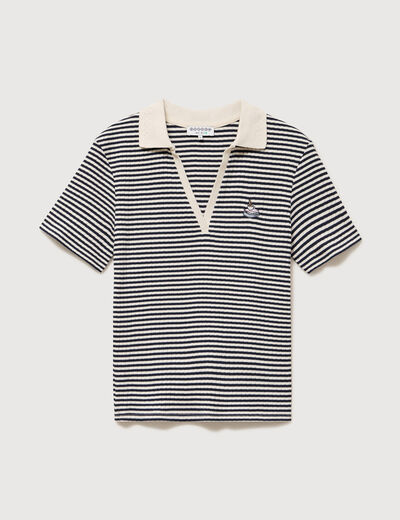 Polo ray&eacute; en coton manches courtes ecru femme
