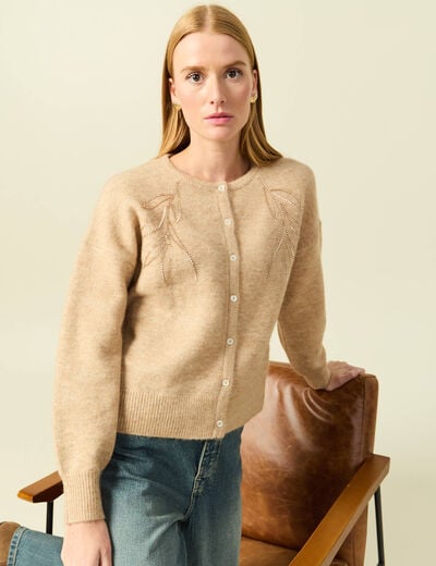Gilet manches longues col rond creme femme