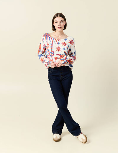 Pull manches longues col en V creme femme
