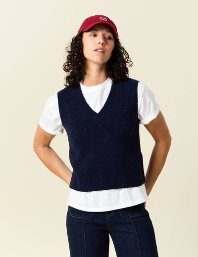 Pull sans manches col en V bleu marine femme