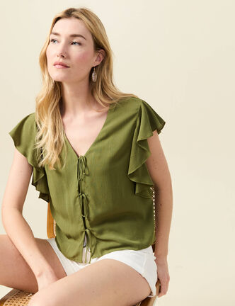 Blouse manches courtes nouée vert kaki femme