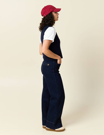 Pull sans manches col en V bleu marine femme