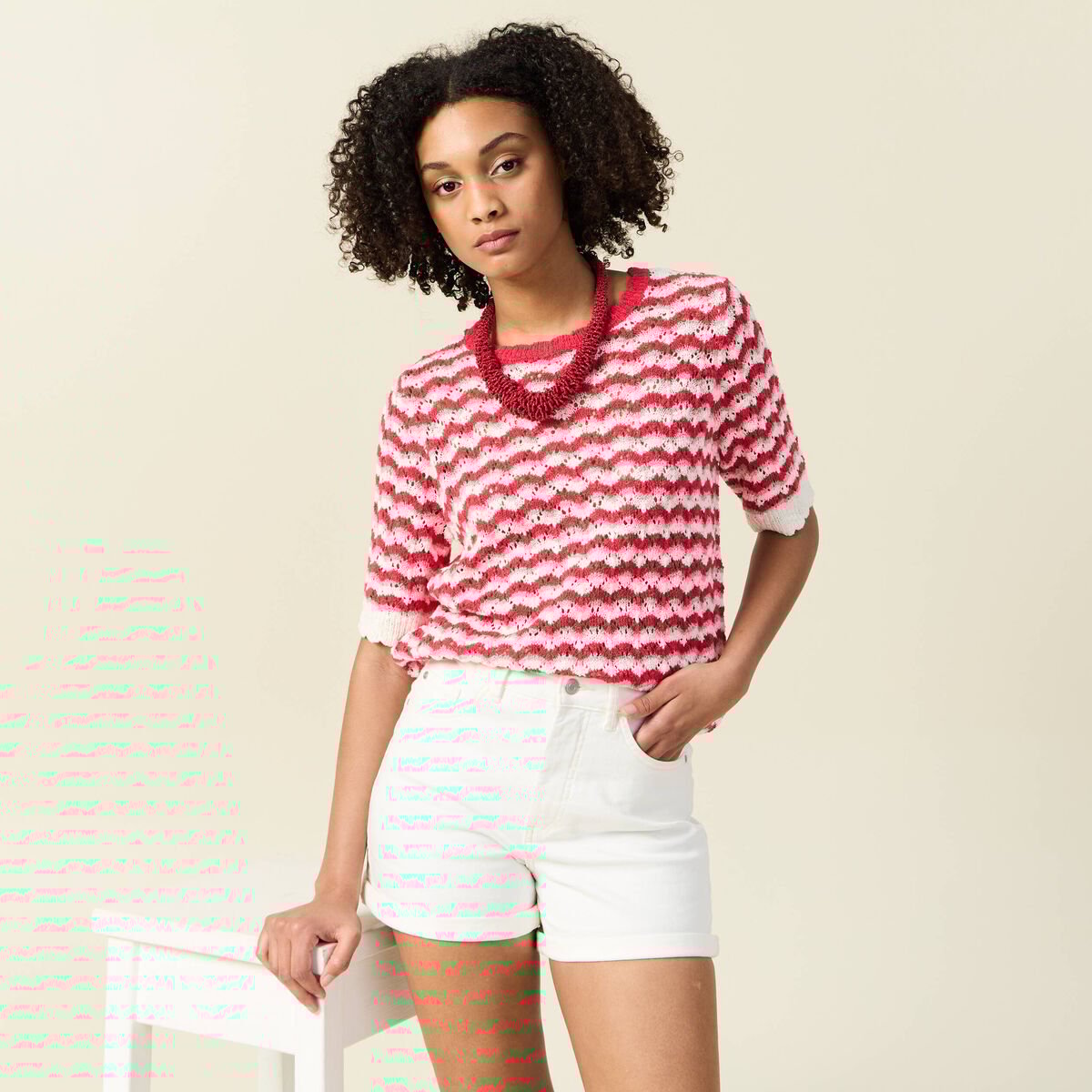 Pull manches courtes rouge femme