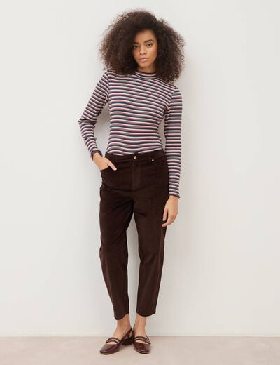 Pantalon taille haute velours resserr&eacute; marron femme