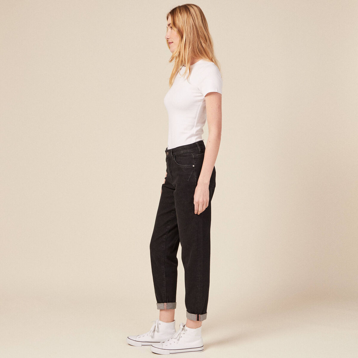 Jeans girlfriend 5 poches denim gris femme