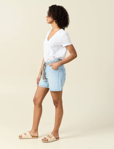 Short boyfriend ceinturé jean denim bleach femme