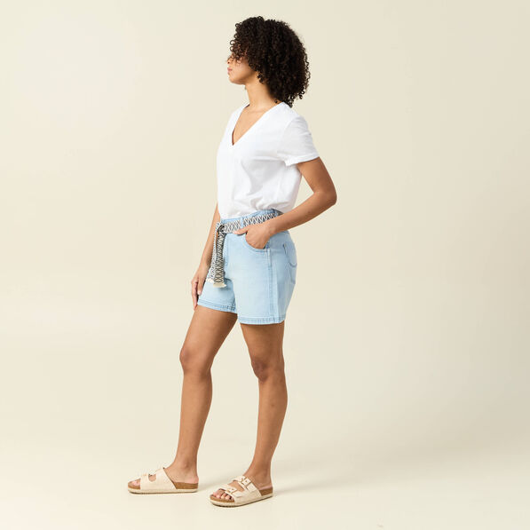 Short boyfriend ceinturé jean denim bleach femme