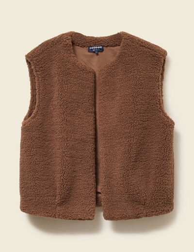 Gilet sans manches bouclette col rond marron femme
