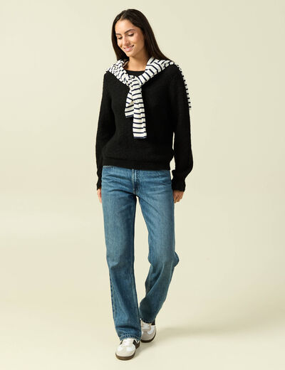 Pull ajour&eacute; col bateau manches longues noir femme