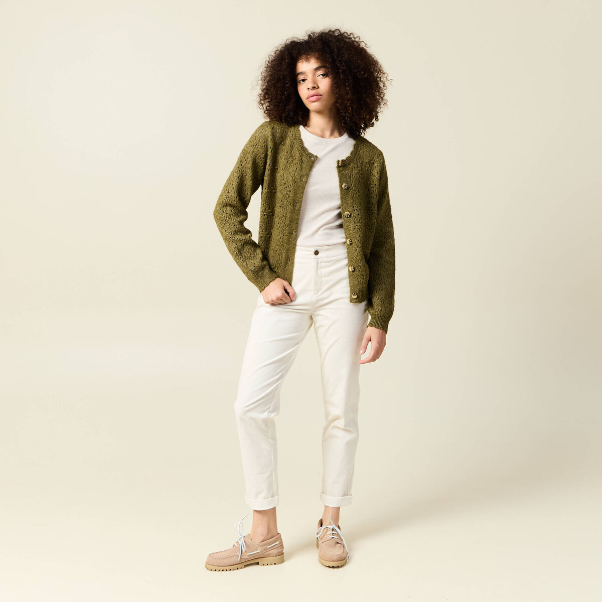 Gilet manches longues col rond vert kaki femme
