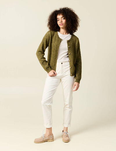 Gilet manches longues col rond vert kaki femme