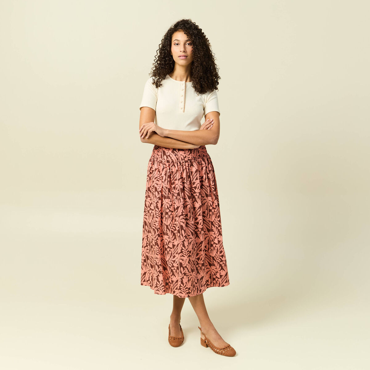 Jupe longue &eacute;vas&eacute;e en coton marron fonc&eacute; femme