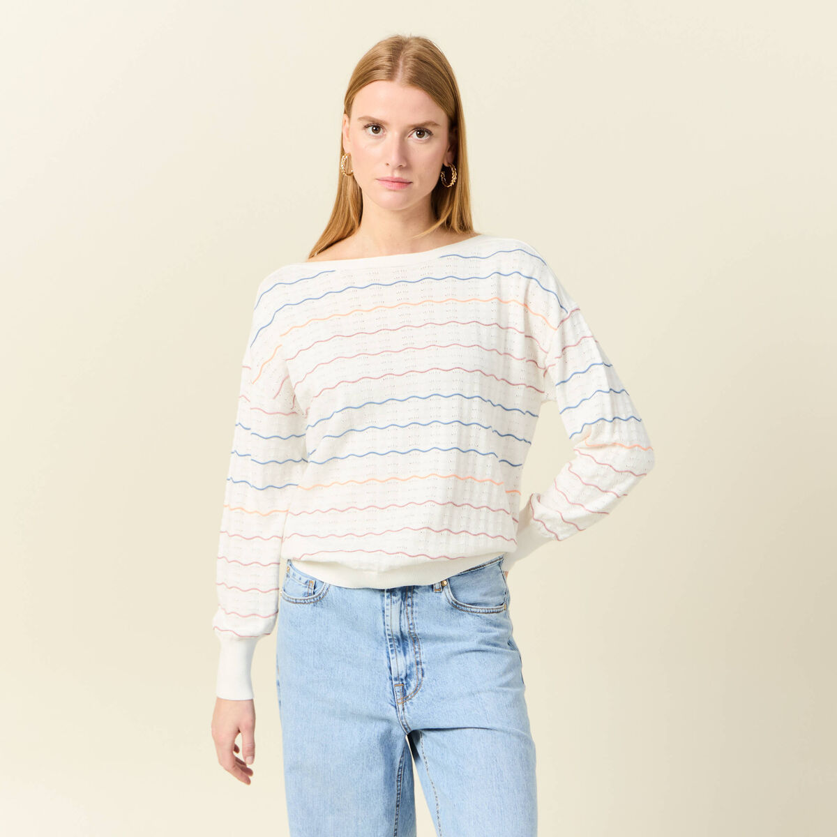 Pull manches longues ajouré ecru femme