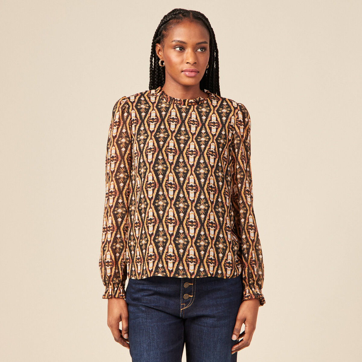 Blouse cintr&eacute;e manches longues col rond camel femme