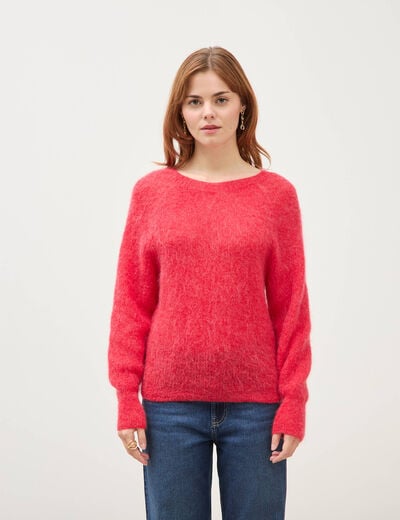 Pull manches longues col rond rouge fonc&eacute; femme