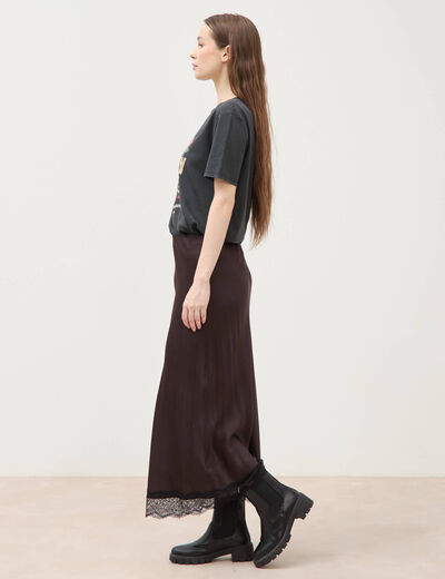 Jupe droite longue satin&eacute;e marron fonc&eacute; femme