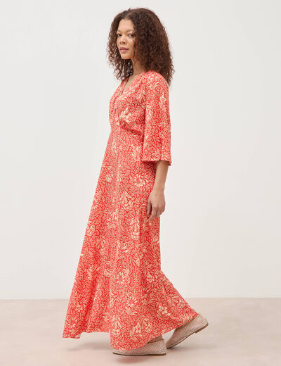 Robe col v manches longues rouge corail femme