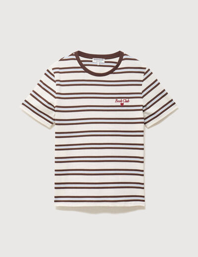 T-shirt ray&eacute; col rond manches courtes ivoire femme