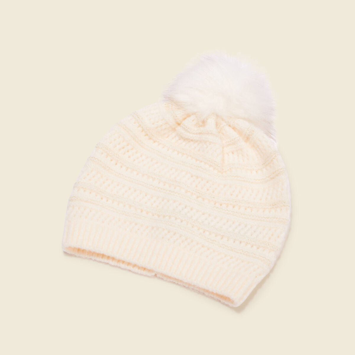 Bonnet &agrave; pompon ecru femme