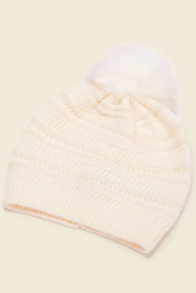 Bonnet à pompon ecru femme