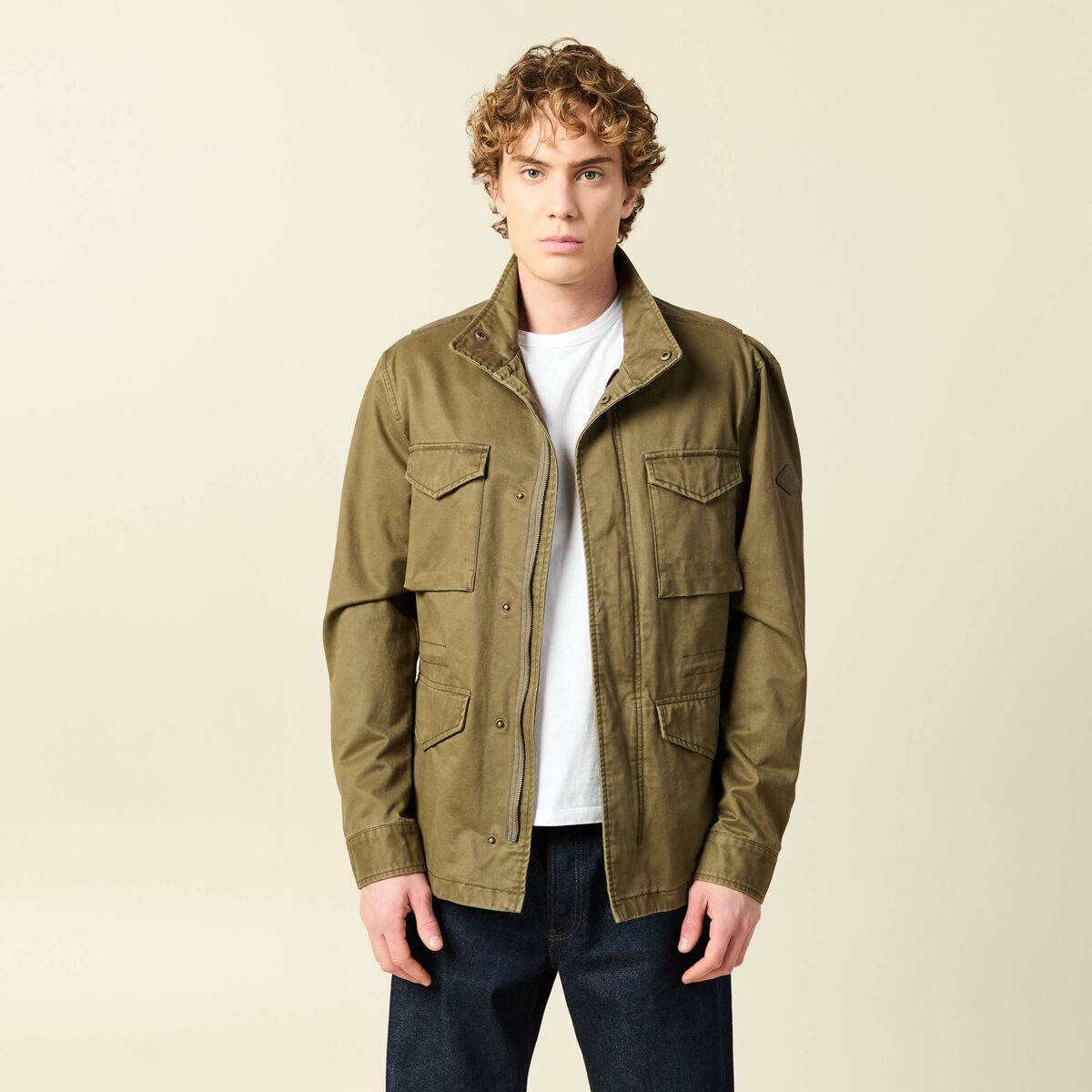 Saharienne col montant manches longues vert kaki homme
