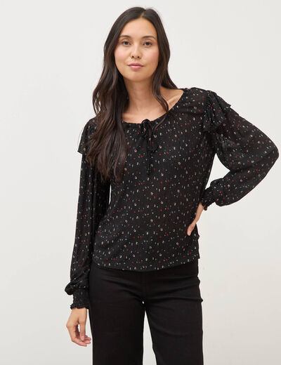 Blouse droite manches longues col rond noir femme