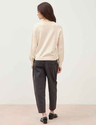 Pull oversize col rond manches longues creme femme